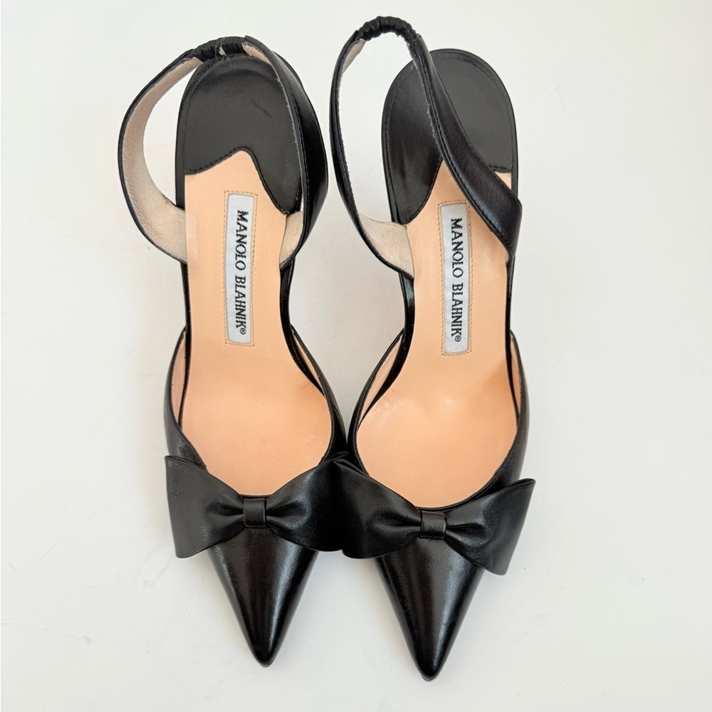 Manolo Blahnik Vintage Black Leather bow embellish slingback pumps EU36.5 - Picture 2 of 8